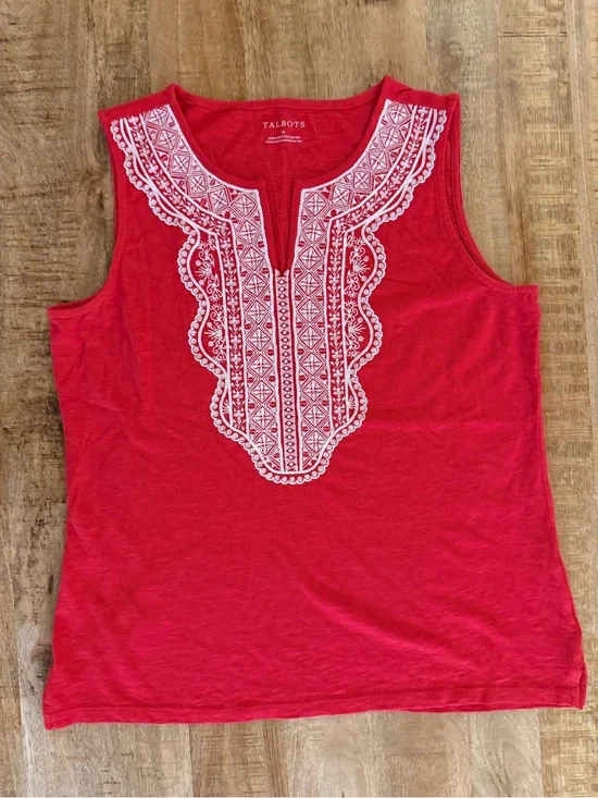 Talbots Red Embroidered Sleeveless Cotton Top | Size Medium | Boho