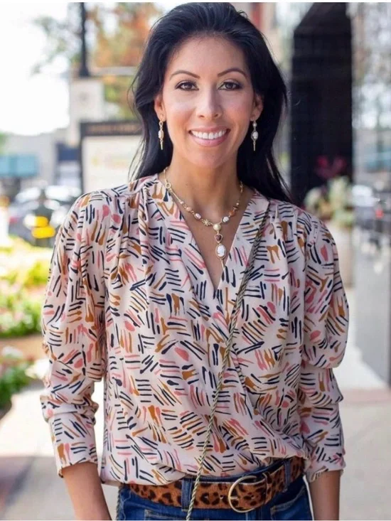 Cabi Marni Brushstroke Abstract Faux Wrap Crossover Blouse Womens Size XL