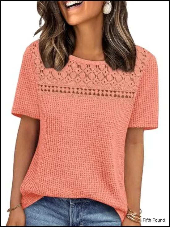 Dressy Casual Short Sleeve Blouse with Crochet Lace Waffle Knit