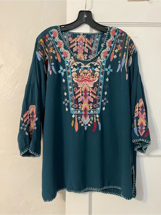 Embroidered Boho Tunic Top Deep Teal xl
