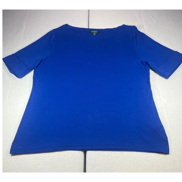 Lauren Ralph Lauren Boatneck Top Blue Cuffed Short Sleeve Classic Preppy XXL