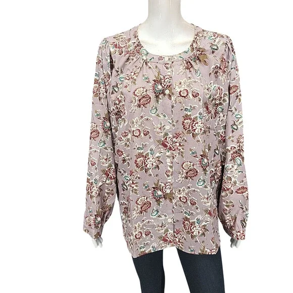 Indigo Thread Co Womens Allover Printed long Sleeves Button Shirt Top Size L