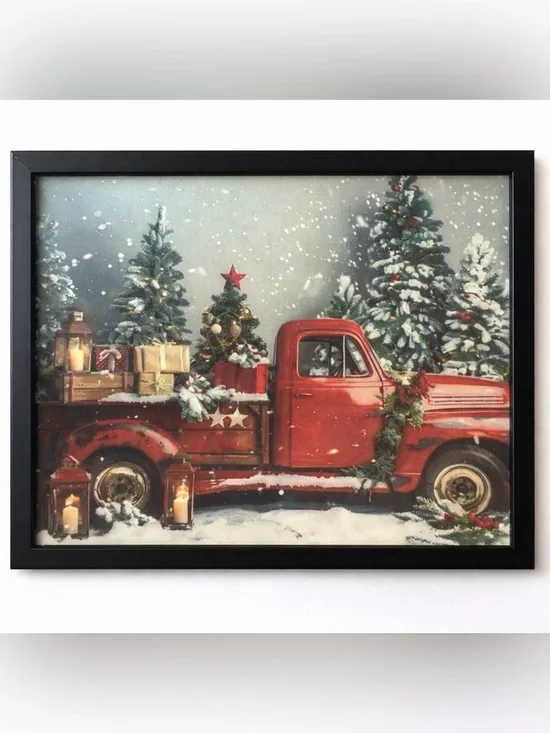 Winter Christmas Tree Red Truck Vintage Style Art Painting Print 8x10