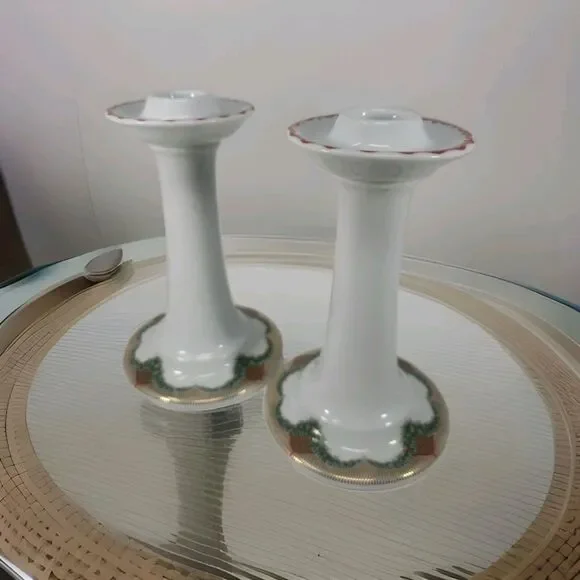 Vintage Royal Copenhagen Christmas Joy Candlesticks 503 Holly Garland Gold Trim
