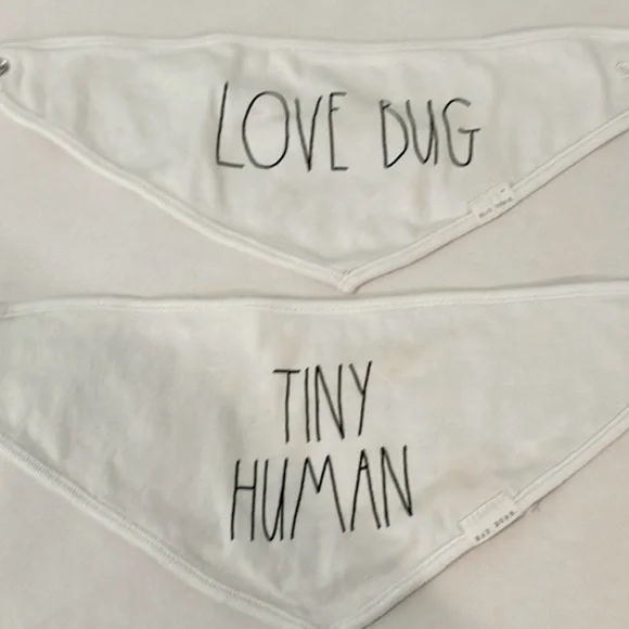 LOT OF 2 Rae Dunn White Infant Baby Bandana Bibs Set of 2 Love Bug & Tiny Human