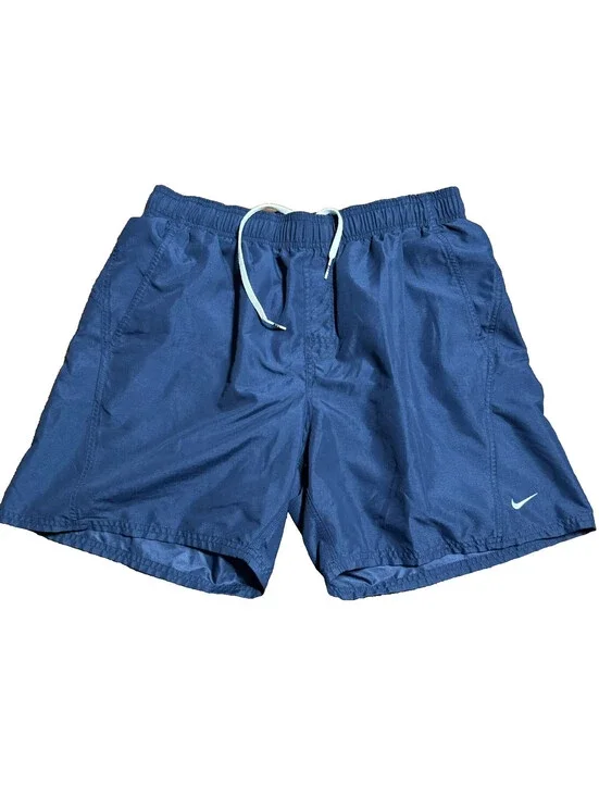 Y2K Nike Mens Swim Shorts Navy Board Shorts Mesh Lined Trunk Sz L Logo Pockets