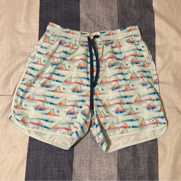 Burlebo Mens Swim Trunks Sz M Fins Ocean Sea Fish Aquatic Blue