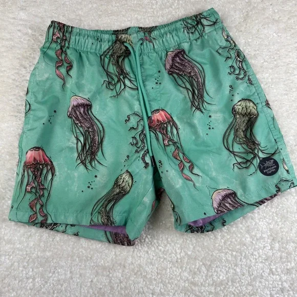 Psycho Tuna Swim Trunks Mens Med Green Jellyfish Print Board Shorts Drawstring