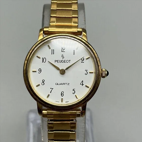 Vintage Peugeot Womens Watch 24mm White Dial Gold Tone Stretch New Battery