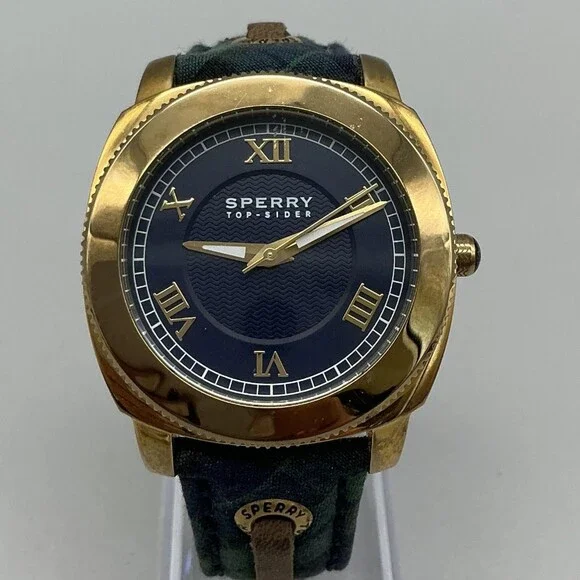 Sperry Top-Sider Mens Watch 38mm Blue Dial Gold Tone Plaid Strap New Battery