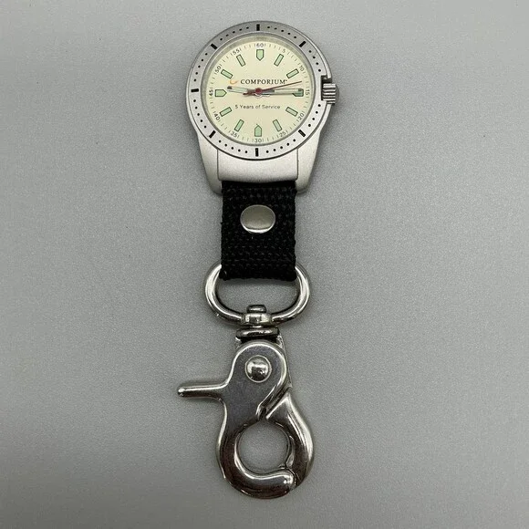 Comporium Key Ring Watch Mens 37mm Silver Tone Luminous Indexes New Battery