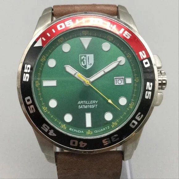 3 Leagues Artillery Mens Watch 46mm Green Dial Coke Bezel Leather Swiss