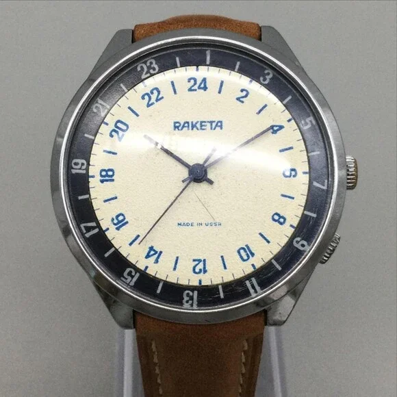 Vintage Raketa Mens Watch 40mm Silver Tone Cream 24 Hour Dial Manual USSR
