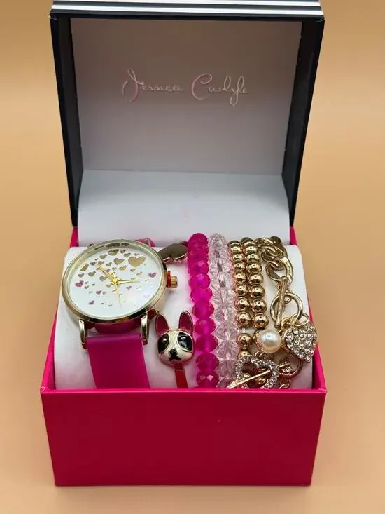 💖⌚ Jessica Carlyle Watch & Bracelet Set Pink Hearts Gift Box NEW
