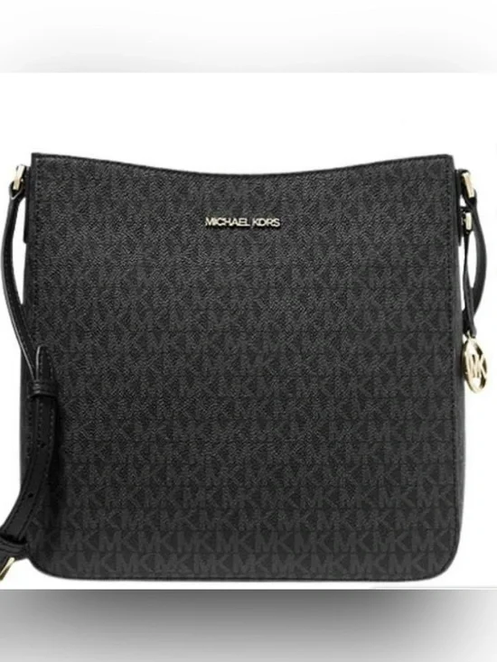 Michael Kors Jet Set Black Signature Crossbody Bag with Silver Hardware
