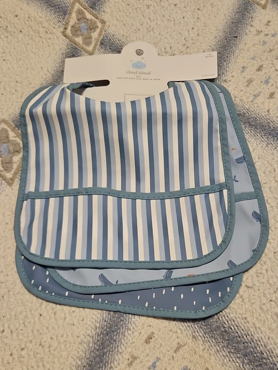 cloud island Blue Striped and Whale Print Waterproof Bib Set.