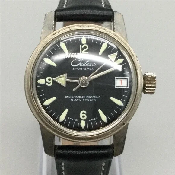 Vintage Chateau Sportsman Mens Watch 30mm Black Dial Manual Date Swiss Leather