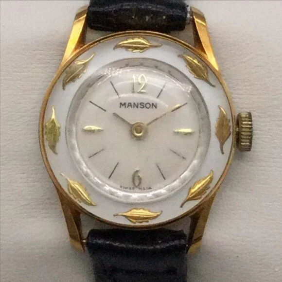 Vintage Manson Womens Watch 25mm White Dial Gold Tone Manual Swiss Leather Band