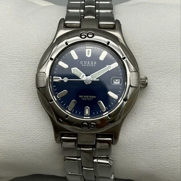 Guess Waterpro Womens Watch 28mm Blue Dial Date Stainless New Battery 6.25