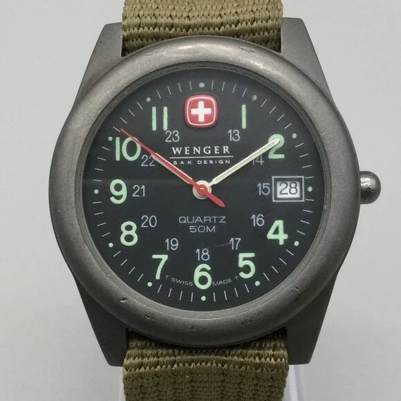 Wenger SAK Design Mens Watch 37mm Black Dial Green Nylon Date Swiss New Battery