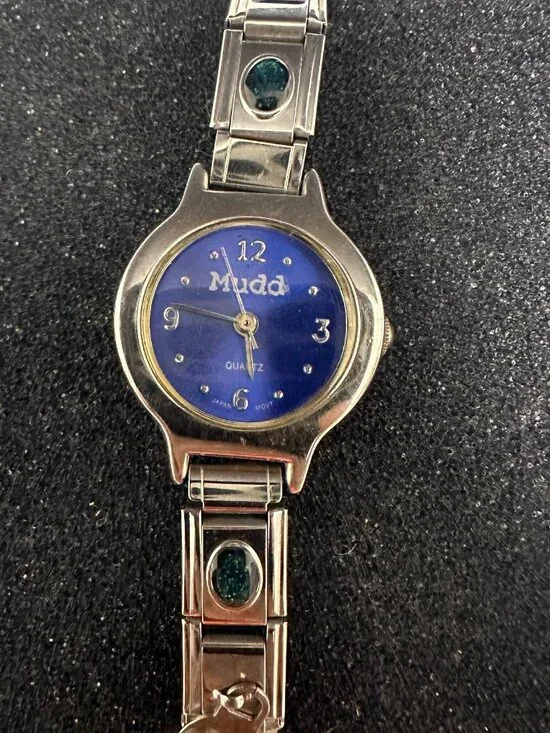 Mudd Watch Women Silver Tone Blue Dial  Italian Charms Stretch Band Y2K 6