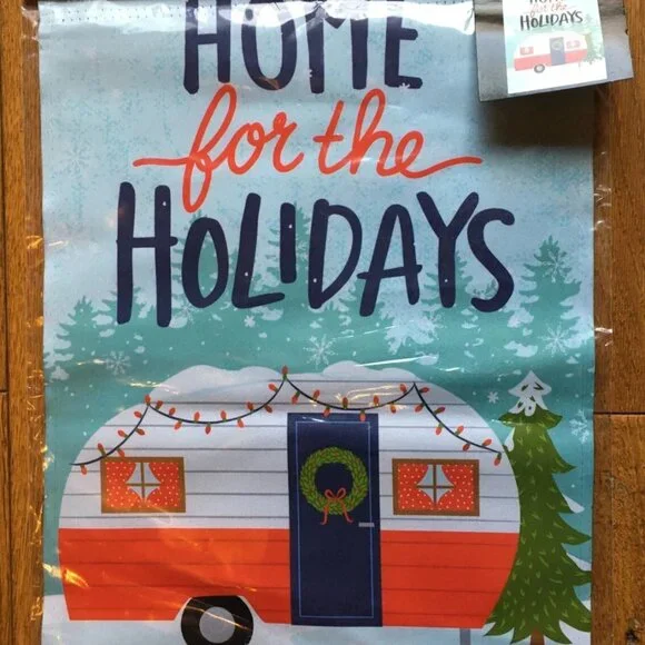 Home for the Holidays Garden Flag Red Camper Travel Trailer Christmas 12