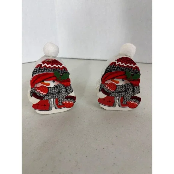 Pair of Snowman Figurines Winter‎ Holiday Christmas Decor wooden