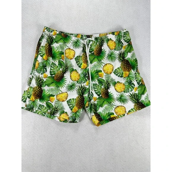 Ring of Fire Mens XL Pineapple Tropical Print Swim Trunks White Green Yellow