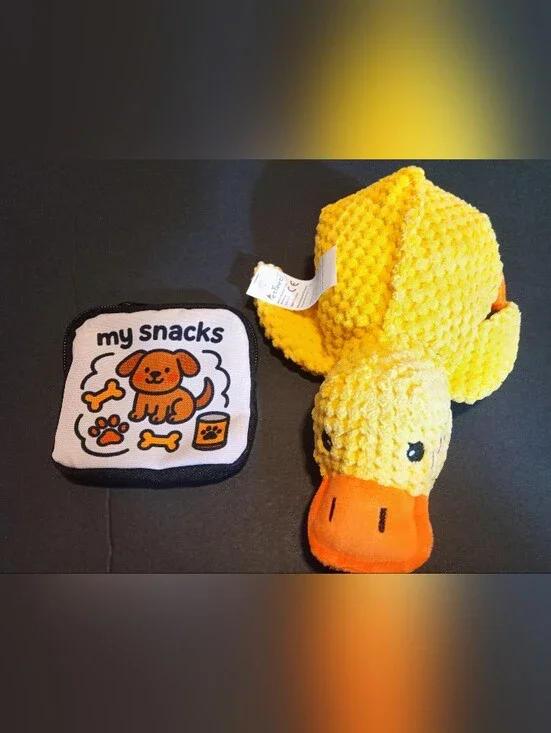 Yellow Plush Duck Squeak Dog Toy with Snack Pouch