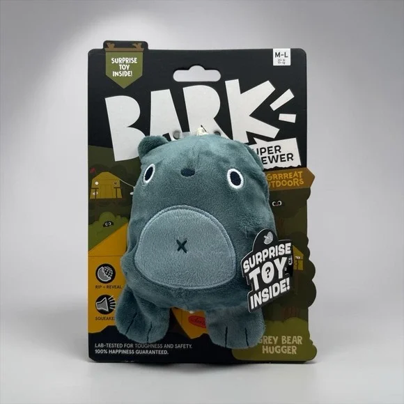 BarkBox Super Chewer Durable Grey Bear Hugger Rip-n-Reveal Dog Chew Toy 6x4