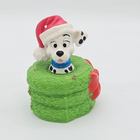 Vintage Disney 101 Dalmatians Christmas PVC Figure Puppy Santa Hat Wreath SV 1-1