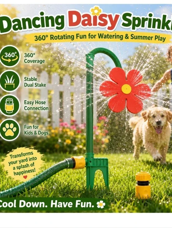 Crazy Daisy sprinkler is a fun, 360-degree rotating sunflower water toy.