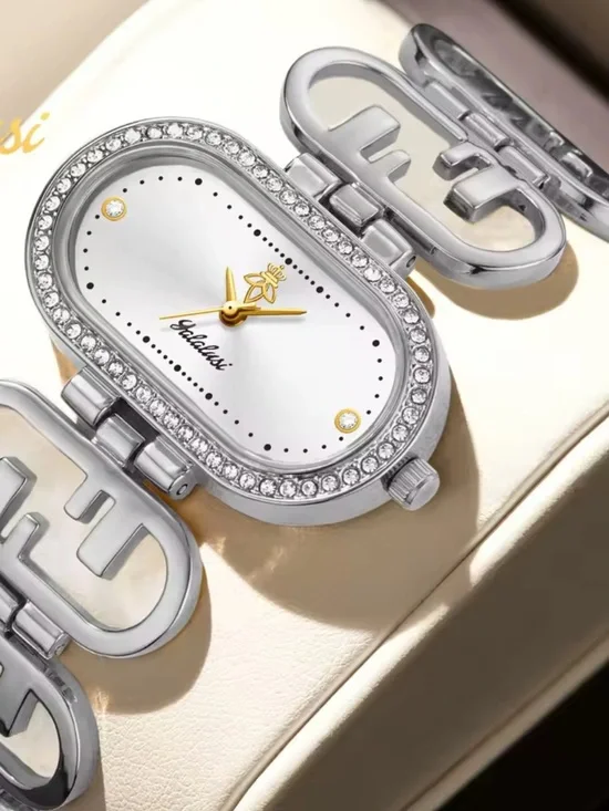 Silver Oval Crystal Bracelet Watch | Elegant Rhinestone Dress Watch for Women
