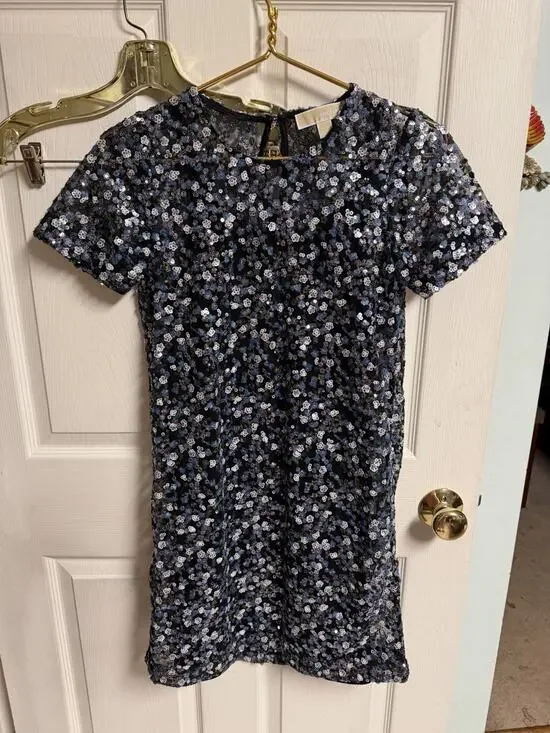 Michael Michael Kors Black Silver Blue Sequinned Sheath Cocktail Dress XS 32x33