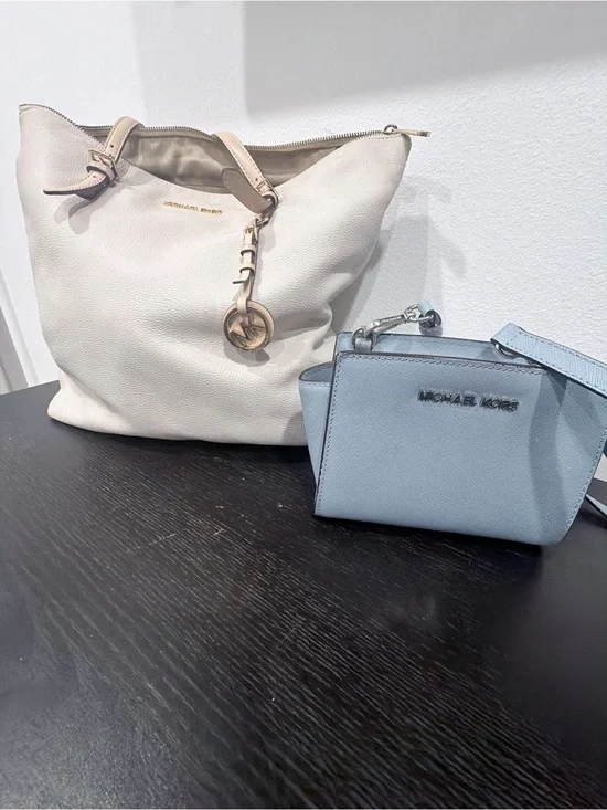 Michael Kors Cream Pebbled Tote with Light Blue Crossbody Set