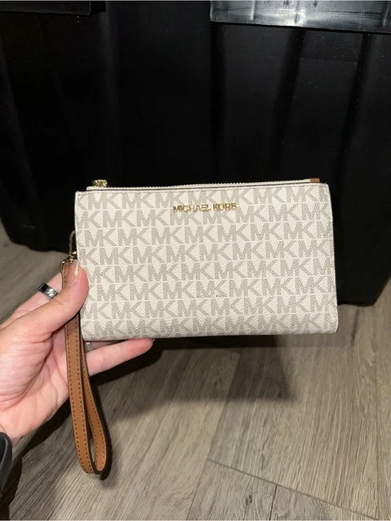 Michael Kors Beige MK Logo Wristlet with Tan Strap