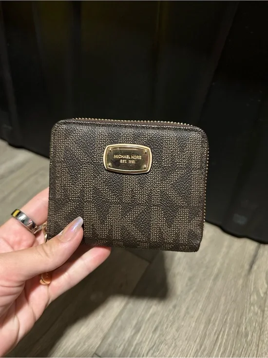 Michael Kors Brown Logo Zip Around Compact Wallet with Gold Plaque