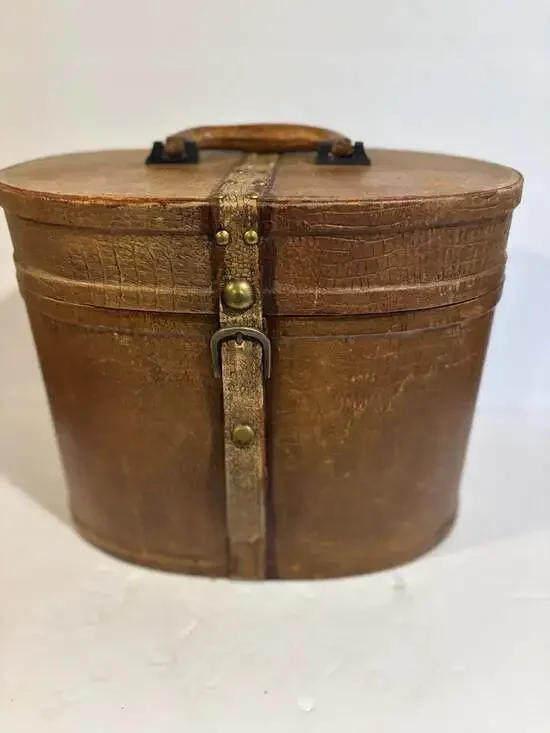 Vintage Oval Leather Hat Box with Brass Buckle and Burgundy Lining