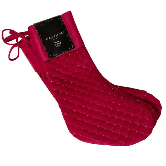 NWT Tahari Set of 4 22in Red Velvet Quilted Christmas Stockings Sequins