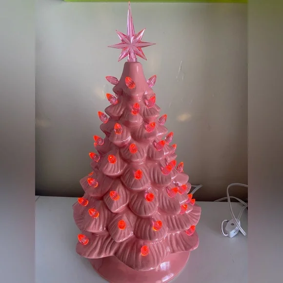 Pink Ceramic Christmas Tree Light Pre-Lit Tree Star Mid Century Vintage Kitschy