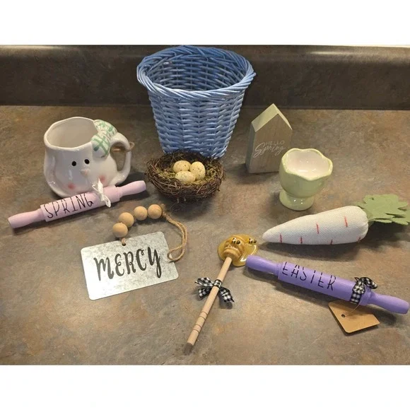 Lot of Mixed Easter Spring Decorations Tiered Tray Decor Basket Eggs