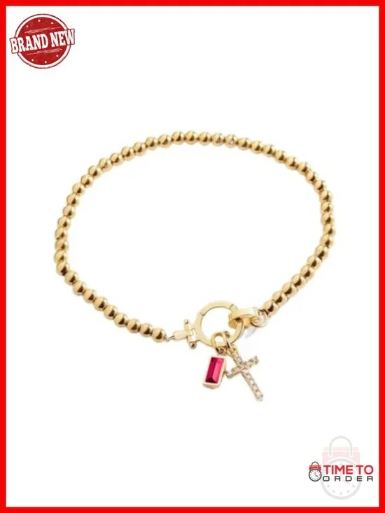 Stretch Birthstone Cross Charm Bracelet - 18K Gold Plated Over Brass