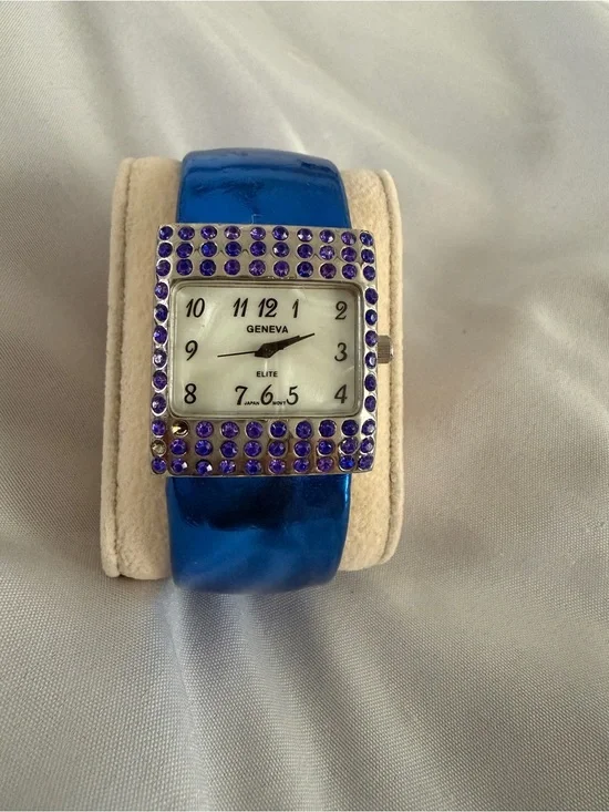 Geneva Blue Bangle Watch with Rhinestone Cuff bracelet