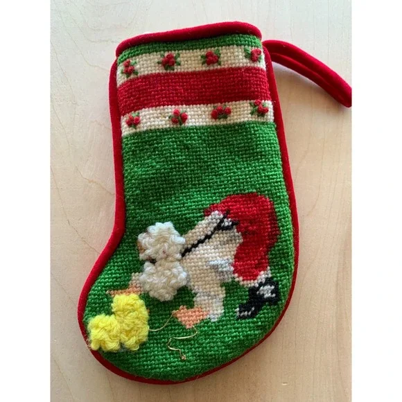Needlepoint Christmas Stocking Santa Yellow Poodle Dog Mini 8