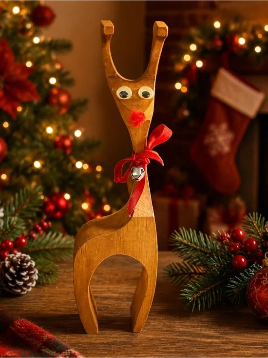 Vintage Mid Century Danish Style Hand Carved Wooden Reindeer Googly Eyes 11”