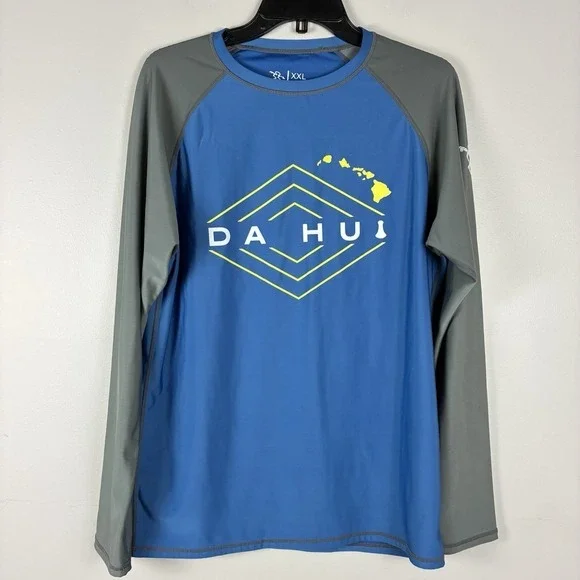 Da Hui Rash Guard Mens Size XXL Blue Long Sleeve Pullover Stretch Beach‎