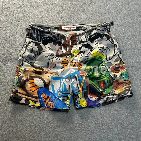 Orlebar Graphic Swim Trunks Brown Mens Size 32 Multicolor Swim Shorts Portugal