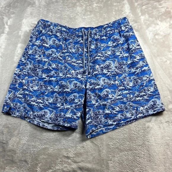 Peter Millar Men's XL Swim Trunks Blue Wave Rum Print Board Shorts