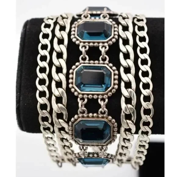 Brighton Le Ritz Crystal Bracelet Blue Bezel Multi-Chain Silver
