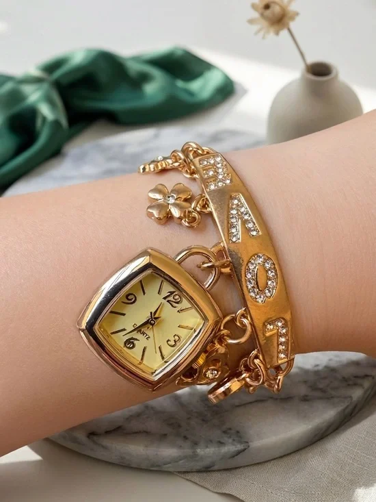 Gold-Tone Charm Bracelet Watch with Crystal Accents